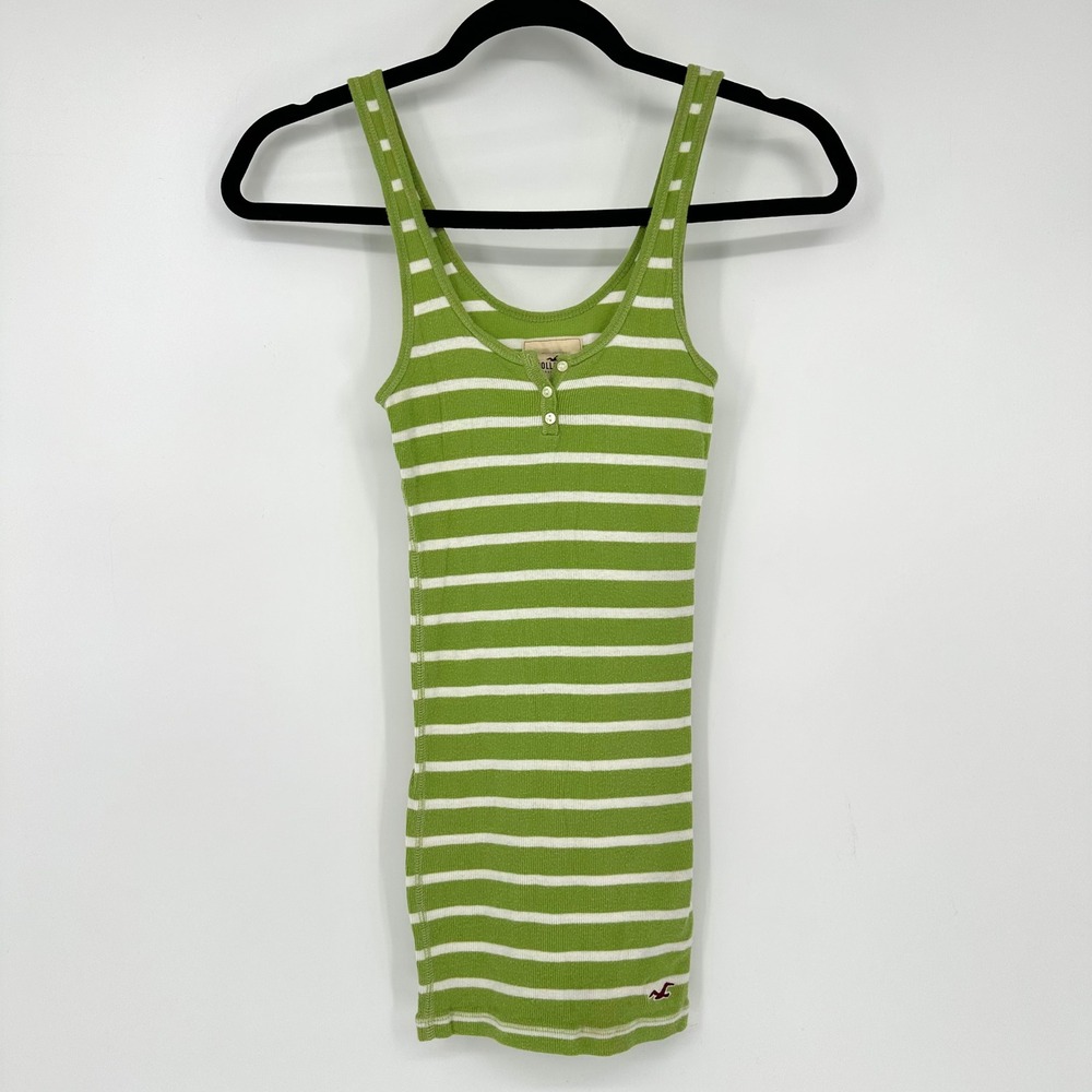 Y2K Hollister Green White Striped Long Tank Top Scoop Neck Sleeveless Whimsy XS